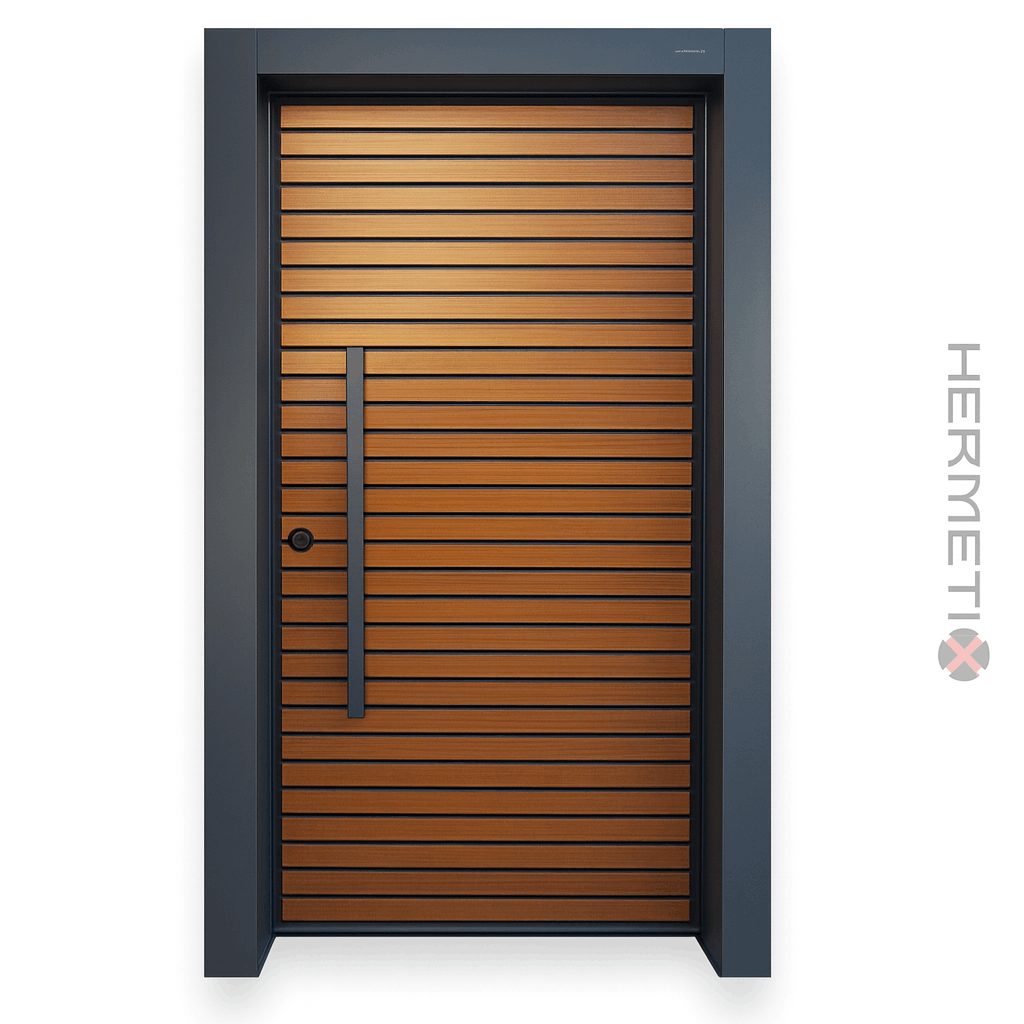 דלת חוץ עם חיפוי סרגלי אלומיניום בגוון דמוי עץ